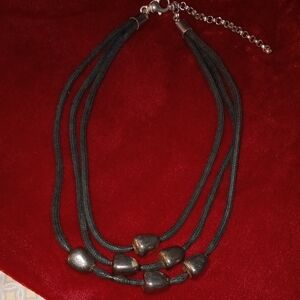 Sterling Silver Leather/Silver Balls Necklace.Stamped 925 Made In Itay. SB.42